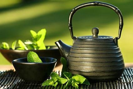teapot cup mint leaves stock photo