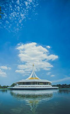 thailand landscape picture elegant architecture calm lake reflection