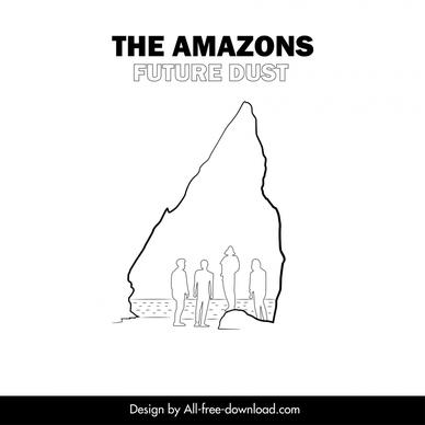 the amazons stencil advertising template flat white handdrawn silhouette people sea scene cave sketch