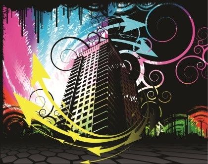 high building theme dark colorful curved arrows background