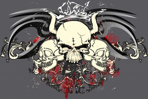 three skulls with wings and floral background 