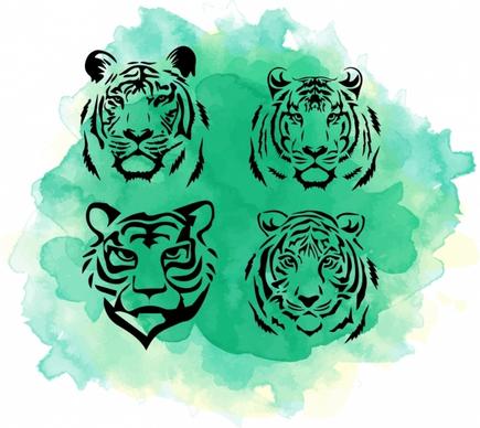 tiger head icons collection watercolor grunge handdrawn design