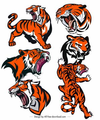 tigers icons dynamic aggressive sketch colored handdrawn