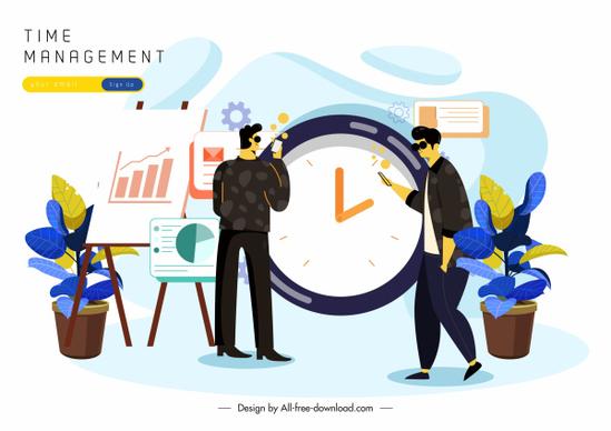 time management poster men clock business elements sketch