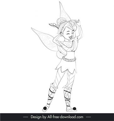 tinker bell cartoon character icon black white handdrawn outline  