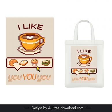 tote bag pixel art design elements flat breakfast elements