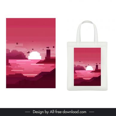 tote bag pixel art design elements flat dark blurred lake scene 