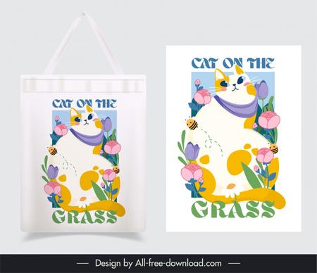 tote bag template cute cat flowers cartoon