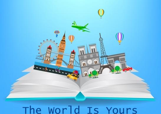 tourism knowledge banner open book landmark icons decor