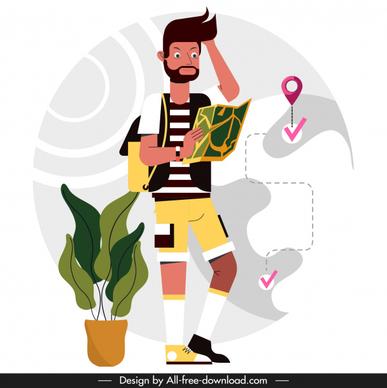 tourist painting backpacker positioning map sketch cartoon design