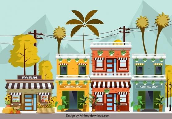 town scene painting store facade icons colorful design