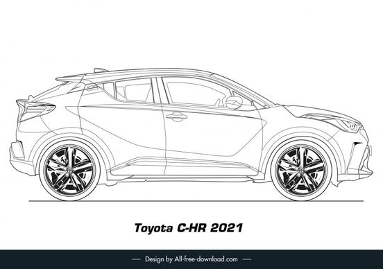 toyota c hr 2021 car model icon black white handdrawn side view sketch