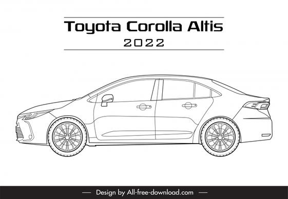 toyota corolla altis 2022 car model icon flat black white handdrawn side view outline