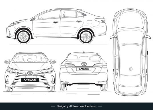 toyota vios model templates different view handdrawn outline 