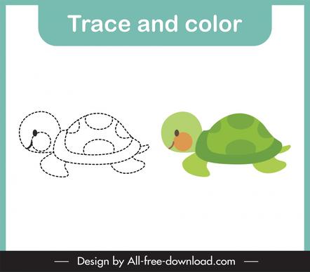 trace and color education template cute green turtle sketch