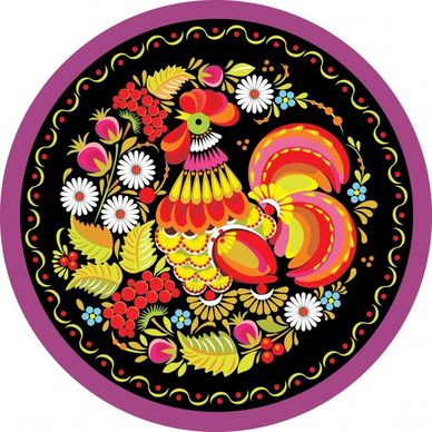 traditional pattern cock flower icon colorful circle layout