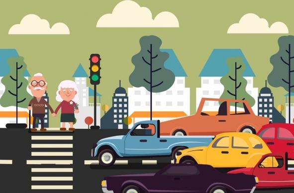 traffic background pedestrian car icons cartoon sketch