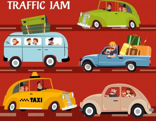 traffic jam drawing cars icons colored cartoon design