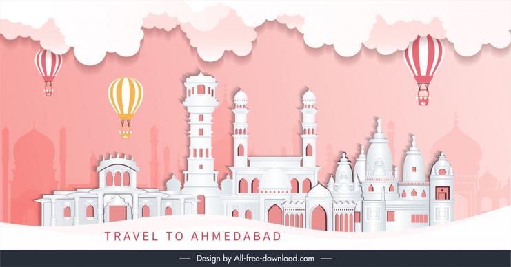 travel ahmedabad advertising poster flat elegant traditional architectures balloon design