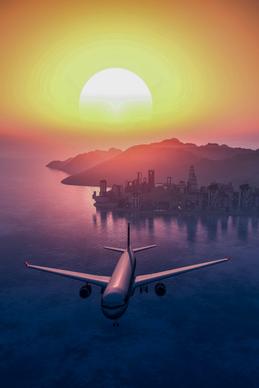 travel backdrop picture airplane sunset scene