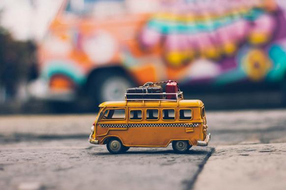 travel backdrop picture classic bus toy closeup