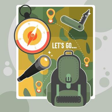 travel background backpack knife compass map binoculars icons