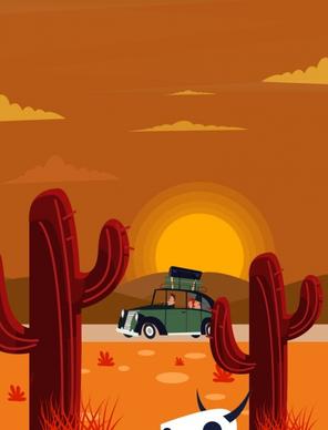 travel background car cactus sun icons colored cartoon