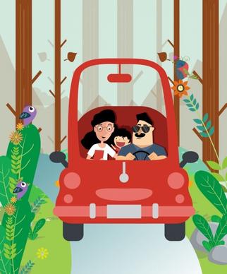 travel background family red car natural landscape icons