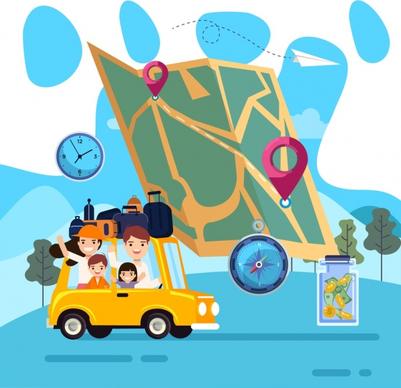 travel background people car map compass luggage icons
