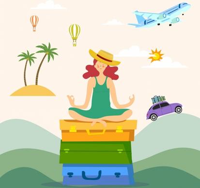 travel background yoga woman luggage airplane car icons