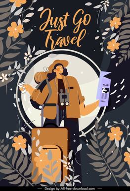 travel banner backpacked tourist icon dark flora decor