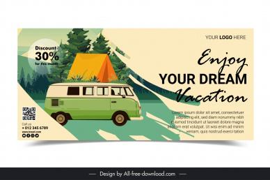 travel banner template classical bus tent forest scene