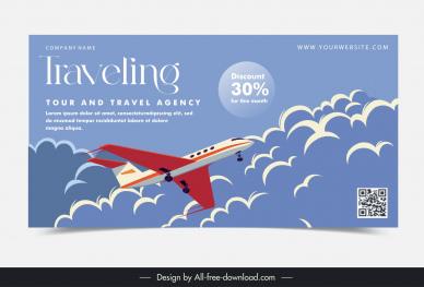travel banner template dynamic flying airplane cloud scene