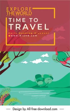 travel banner template lake scene sketch colorful classic