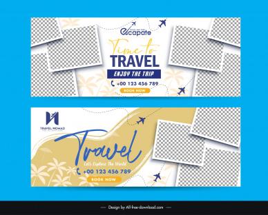 travel banner templates checkered picture silhouette airplane coconut trees