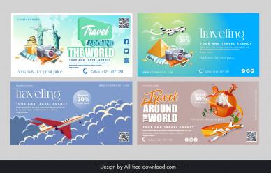 travel banner templates collection landmark emblems airplane globe