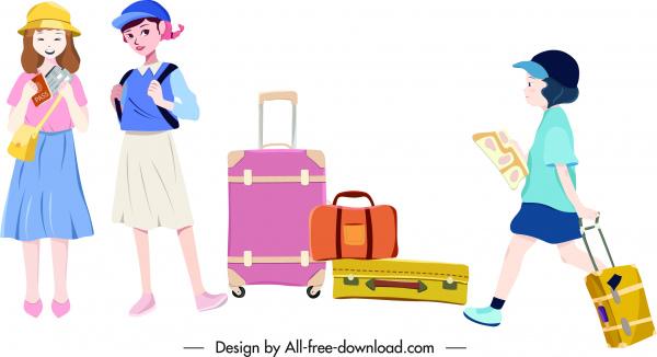 travel icons children suitcases sketch colored design