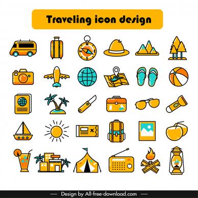 travel icons collection classical colorful symbols sketch