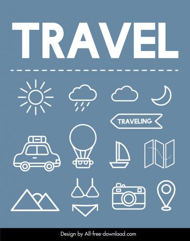 travel icons collection flat symbols outline