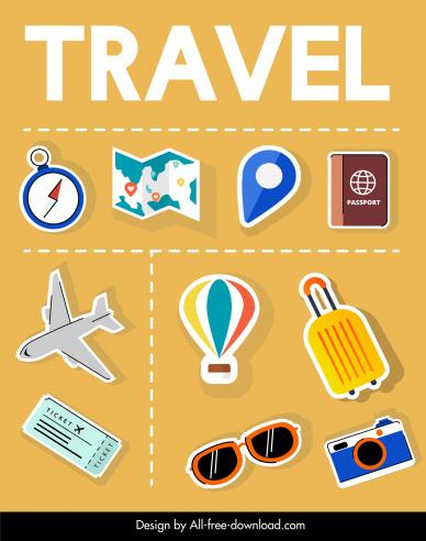 travel icons collection tourism objects sketch