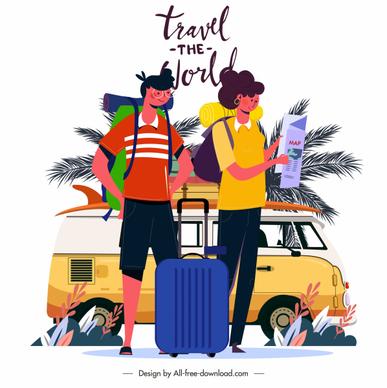 travel poster bus tourists luggage sketch cartoon characters