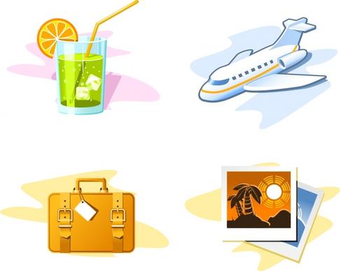 travel design elements cocktail airplane suitcase picture icons