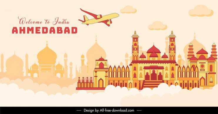 travel to ahmedabad banner template classical architecture clouds decor