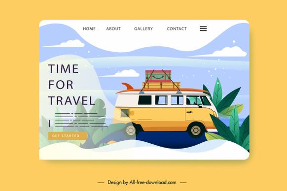 travel webpage template bus vacation sketch colorful decor