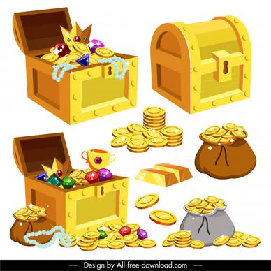treasure icons coins gold gems sketch 3d design