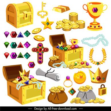 treasure icons golds gems sketch modern 3d sketch