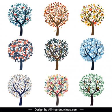 tree icons collection blooming sketch colorful flat sketch