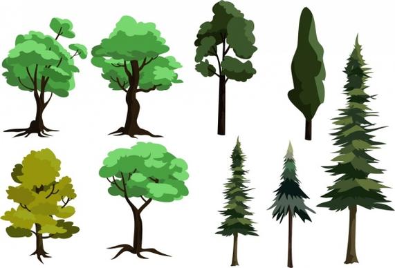 tree icons collection various types green design