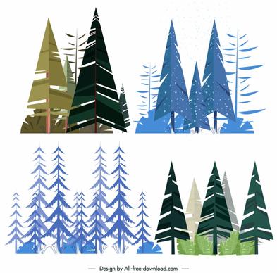 tree icons colored classic flat sketch