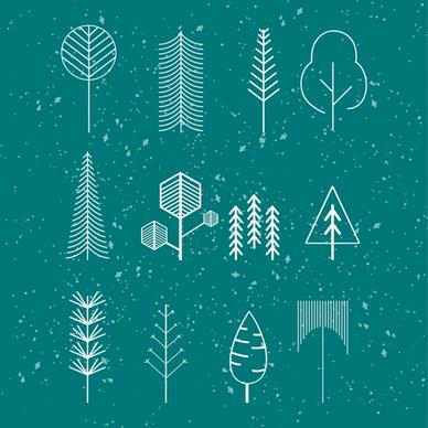 tree icons isolation various shapes sketch lines decoration